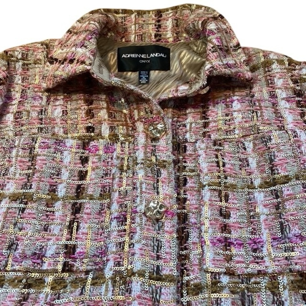 Adrienne Landau ONYX Crystal Tweed Jacket Blazer Pink Gold Sequin Fringe Medium - Picture 11 of 16